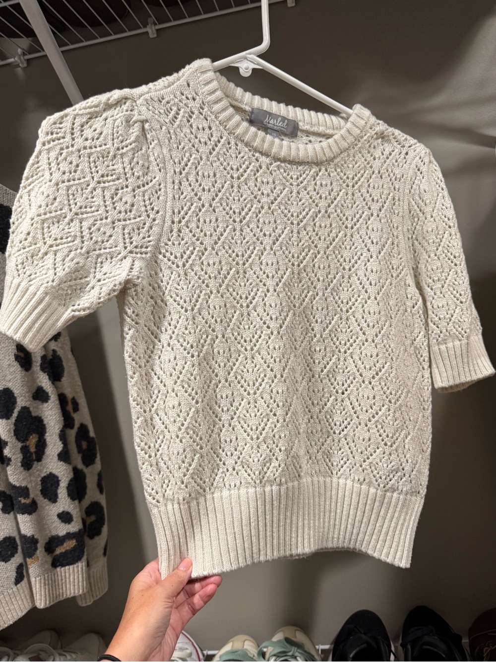 Marled Cream Open-Knit Short Sleeve Crew Sweater
